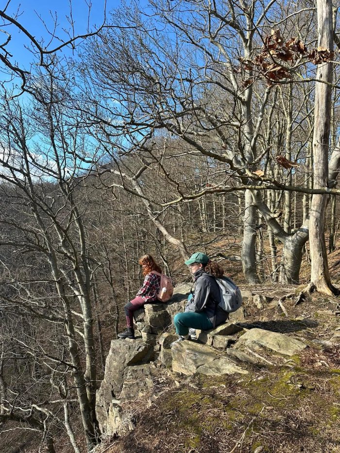 Två tjejer som sitter och tittar på utsikten i ett naturreservat