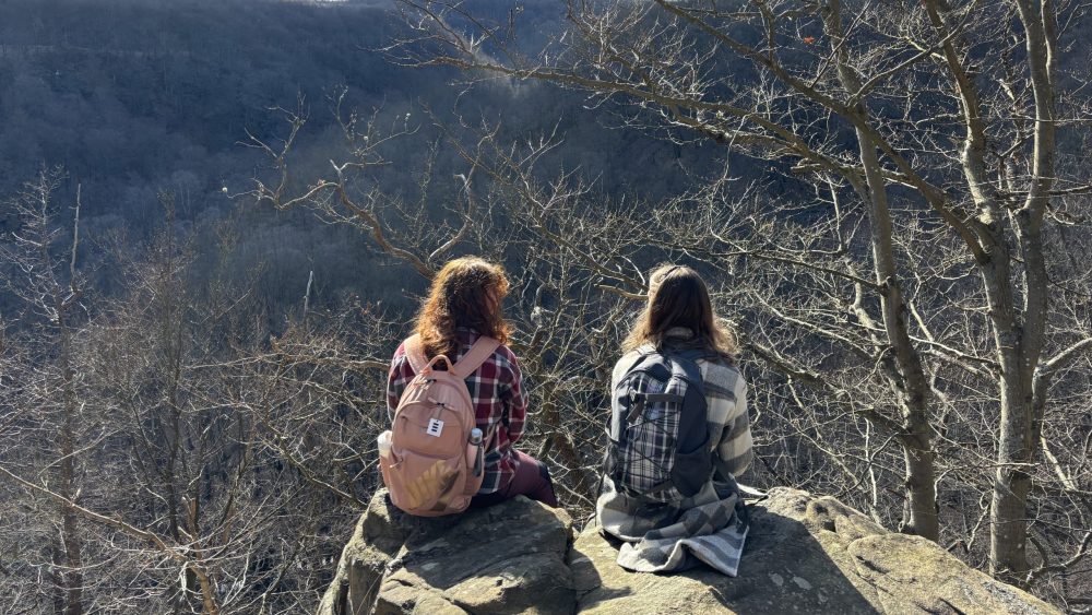 Två tjejer som sitter på en sten med utsikt över en nationalpark