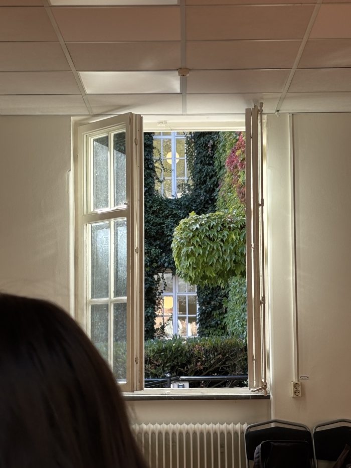 Fönster från klassrummet ut till M-huset. 